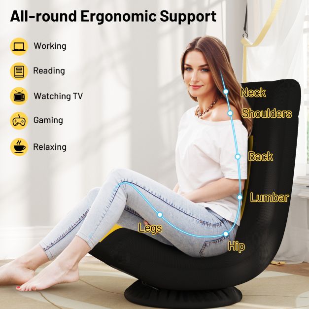 360° Swivel Gaming Chair with 4 Adjustable Positions and Lumbar Support, Folding Floor Sofa Yellow and Black