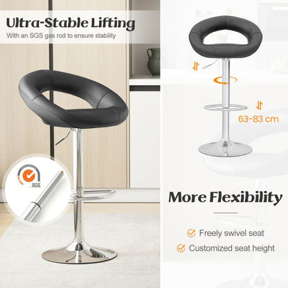 Swivel Height Adjustable Bar Stool Set of 2 with Hollow Back and Footrest-Black