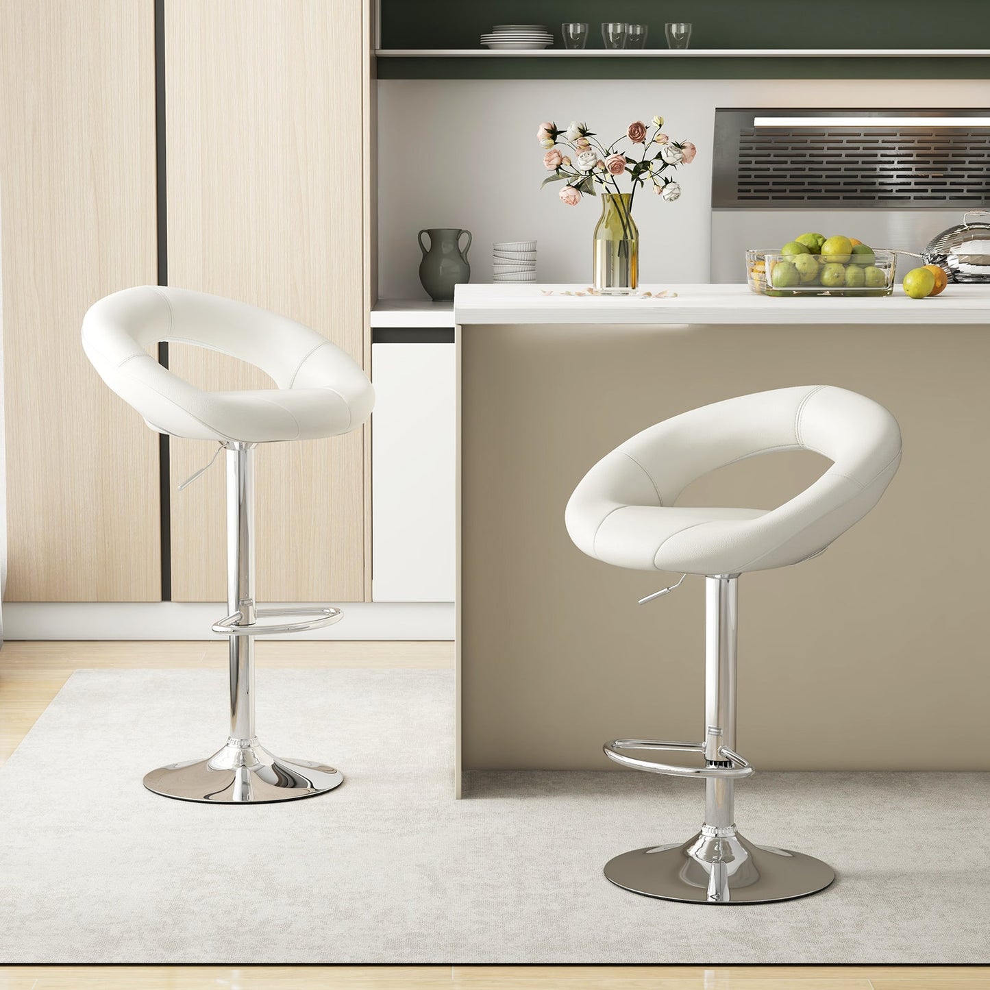 Swivel Height Adjustable Bar Stool Set of 2 with Hollow Back and Footrest-White