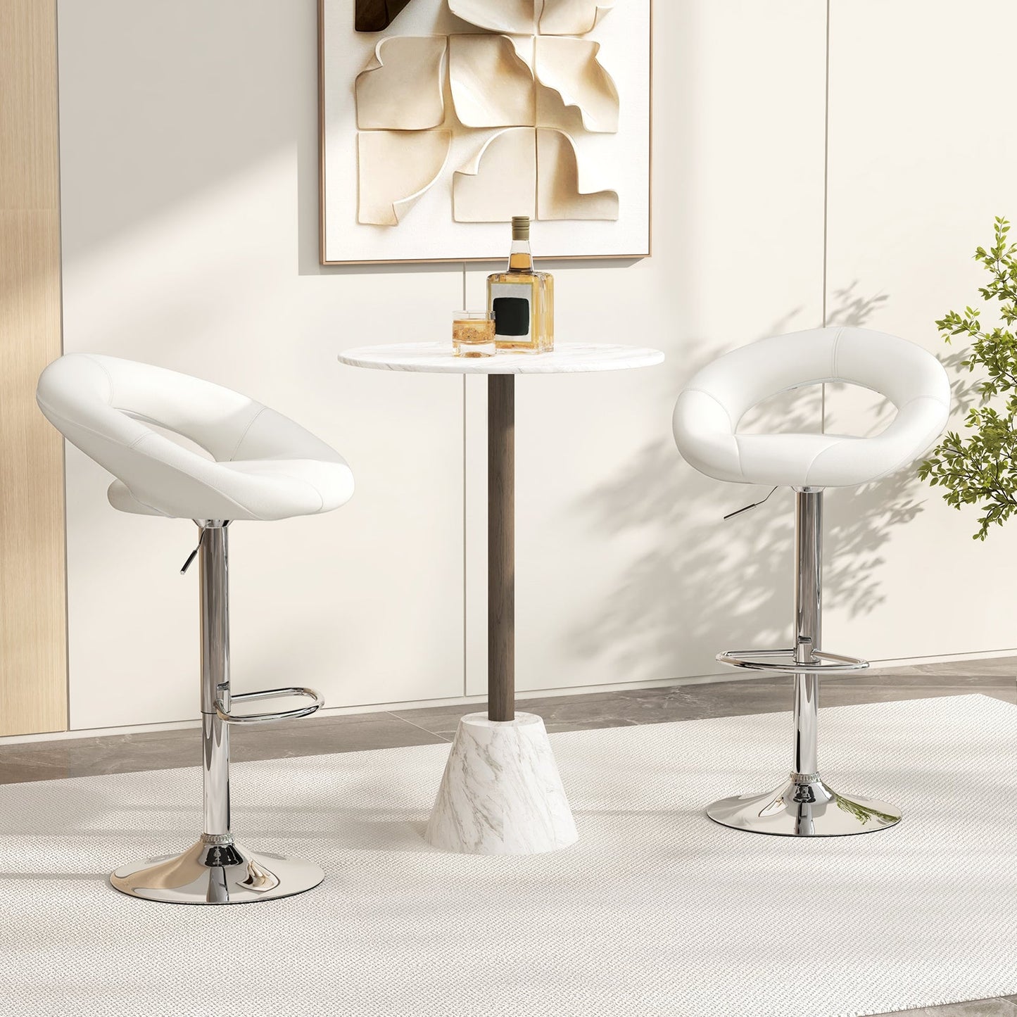 Swivel Height Adjustable Bar Stool Set of 2 with Hollow Back and Footrest-White