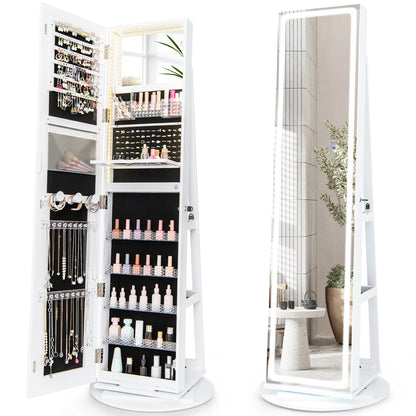 360° Swivel Jewelry Cabinet with LED Lights,  Foldable Shelf-White