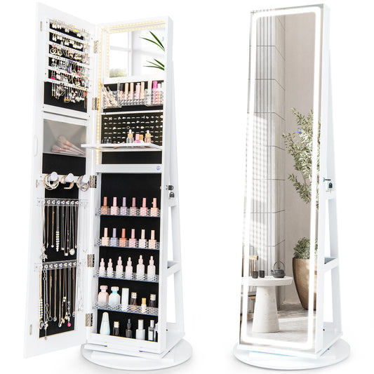 360° Swivel Jewelry Cabinet with LED Lights,  Foldable Shelf-White