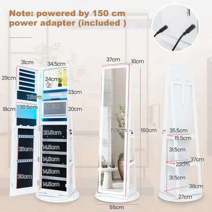 360° Swivel Jewelry Cabinet with LED Lights,  Foldable Shelf-White