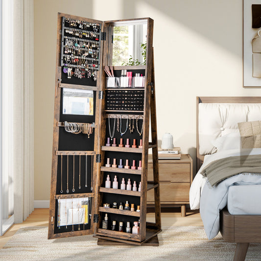 360¬∞ Swivel Jewelry Armoire with Full Length Mirror and Back Shelves-Rustic Brown