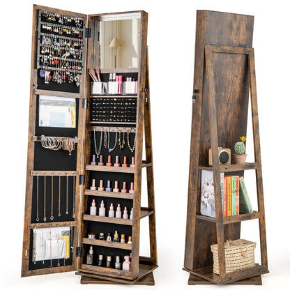 360¬∞ Swivel Jewelry Armoire with Full Length Mirror and Back Shelves-Rustic Brown