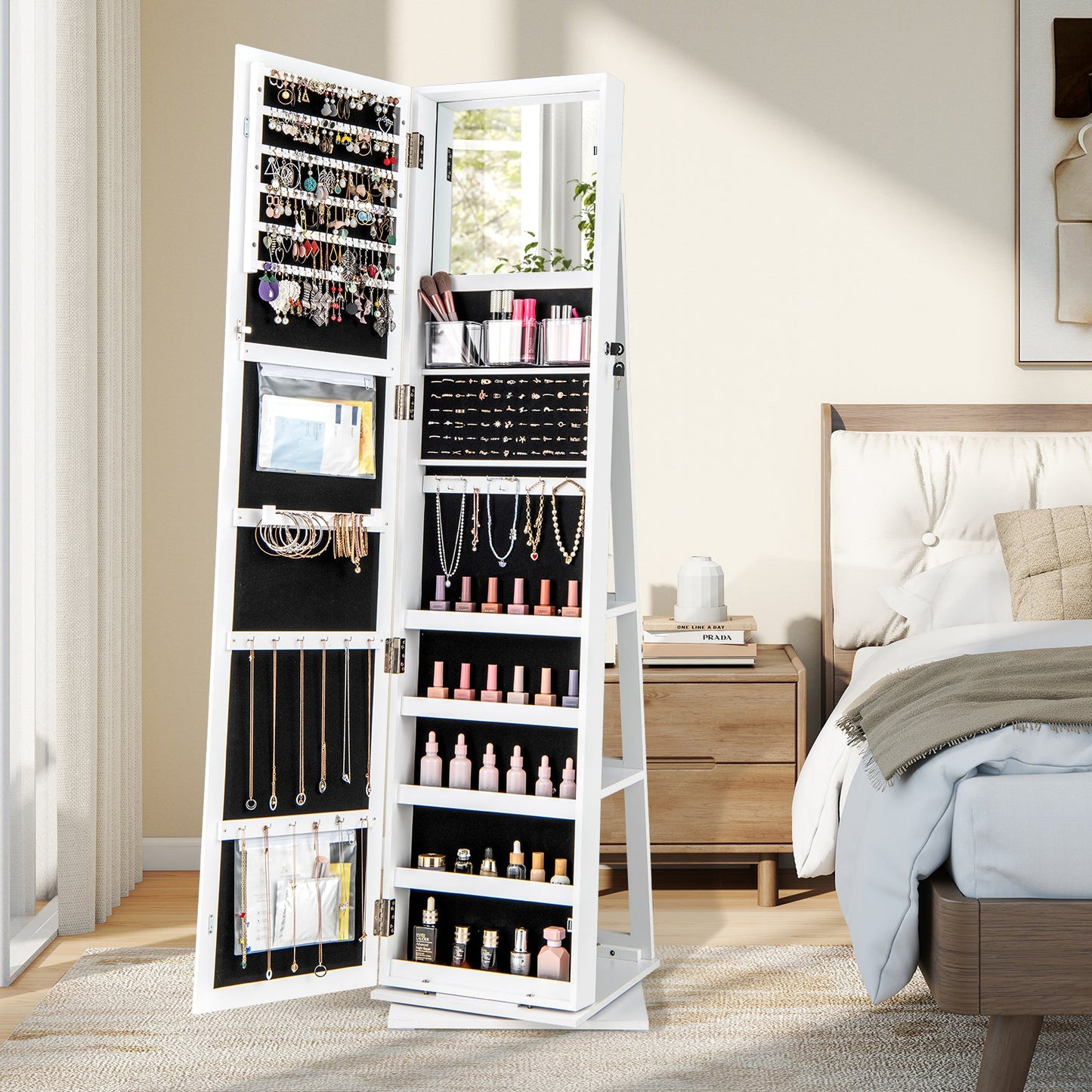 360¬∞ Swivel Jewelry Armoire with Full Length Mirror and Back Shelves-White