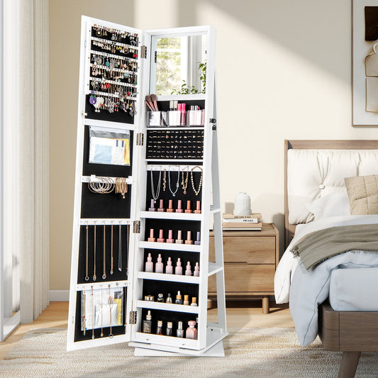 360¬∞ Swivel Jewelry Armoire with Full Length Mirror and Back Shelves-White