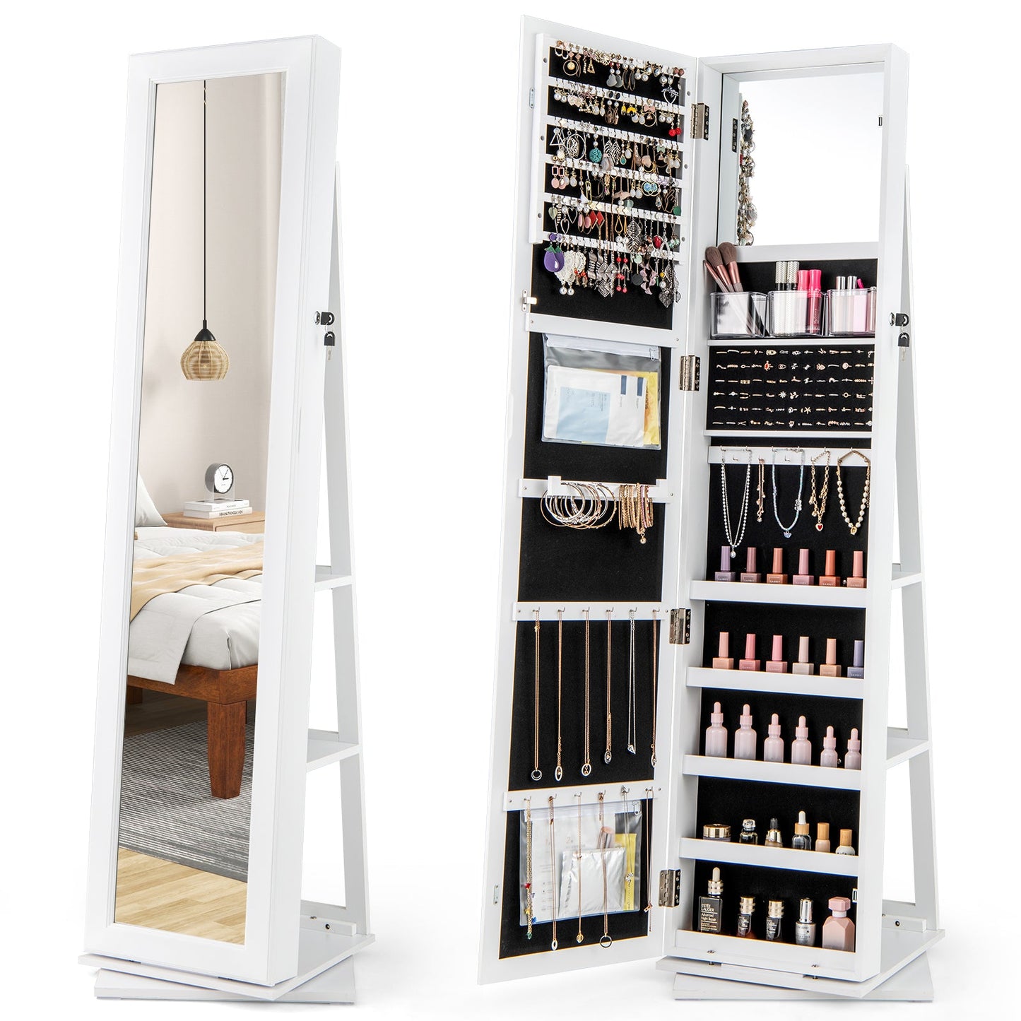360¬∞ Swivel Jewelry Armoire with Full Length Mirror and Back Shelves-White