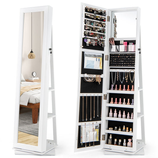 360° Swivel Jewelry Armoire with Full Length Mirror and Back Shelves-White