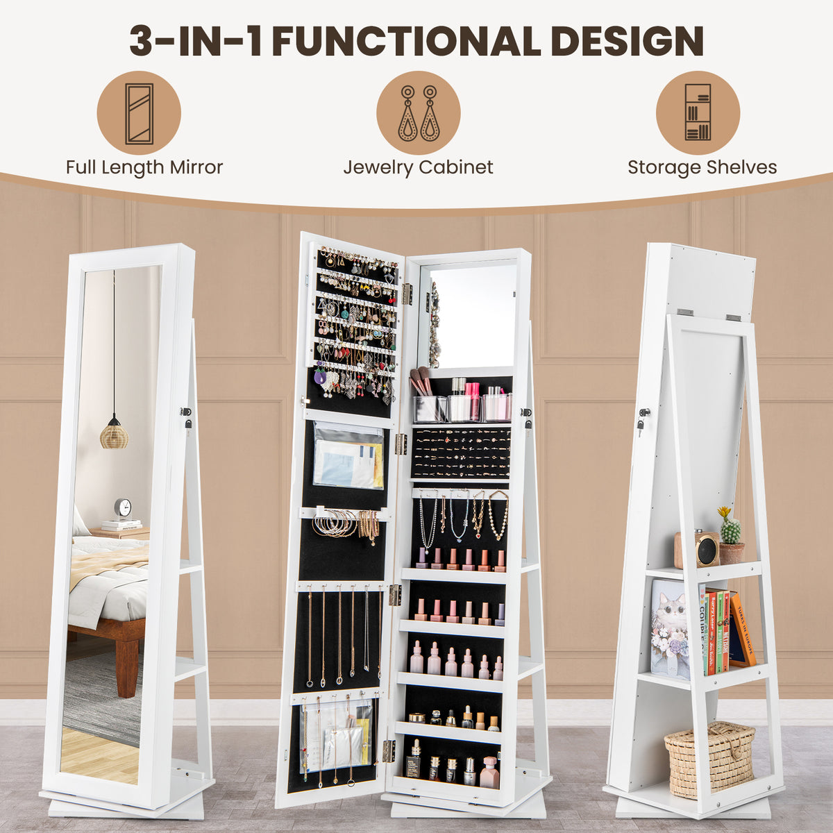 360° Swivel Jewelry Armoire with Full Length Mirror and Back Shelves-White