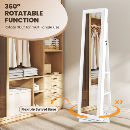 360° Swivel Jewelry Armoire with Full Length Mirror and Back Shelves-White