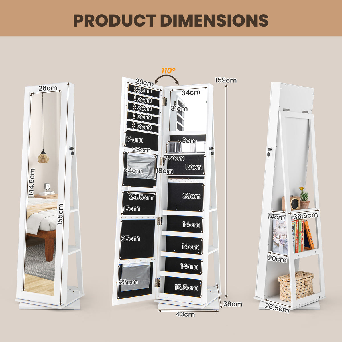 360° Swivel Jewelry Armoire with Full Length Mirror and Back Shelves-White
