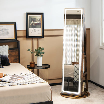 360° Swivel Jewelry Cabinet with LED Lights,  Foldable Shelf-Brown