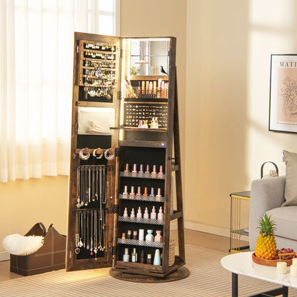 360° Swivel Jewelry Cabinet with LED Lights,  Foldable Shelf-Brown