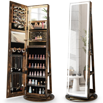 360° Swivel Jewelry Cabinet with LED Lights,  Foldable Shelf-Brown