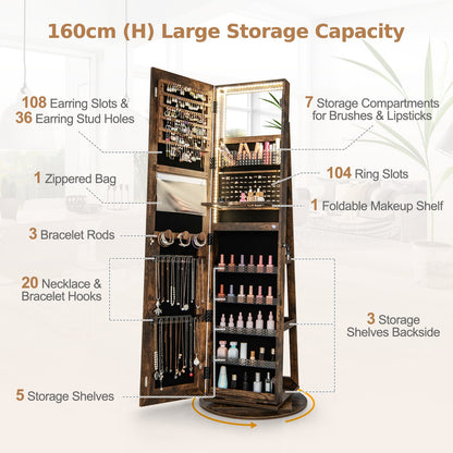 360° Swivel Jewelry Cabinet with LED Lights,  Foldable Shelf-Brown