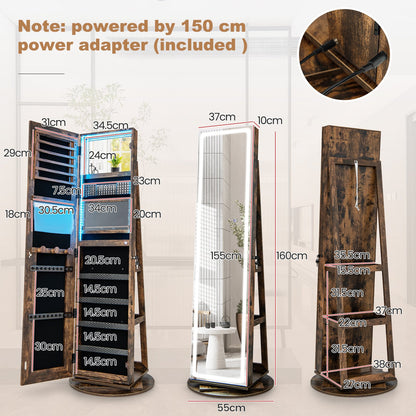 360° Swivel Jewelry Cabinet with LED Lights,  Foldable Shelf-Brown