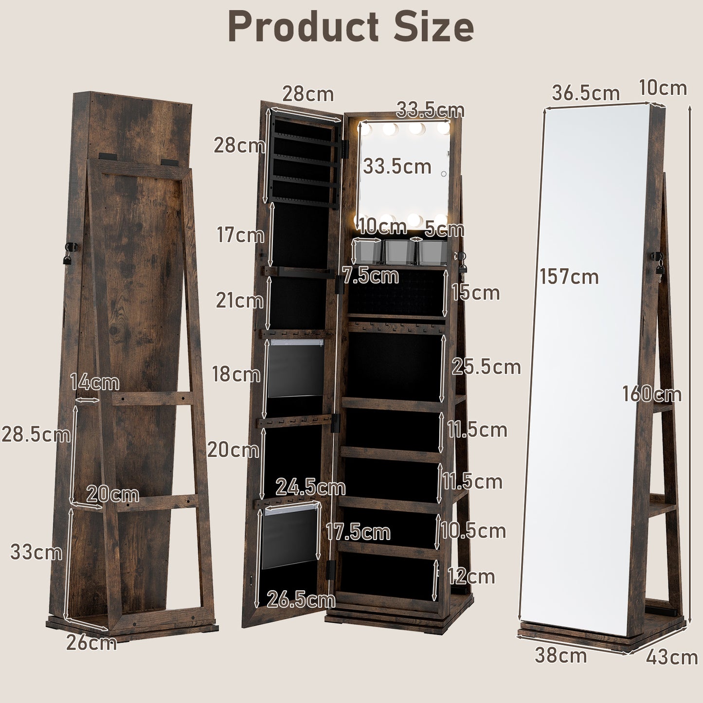 360° Swivel Jewelry Cabinet Full Length Mirror and Back Shelves-Rustic Brown
