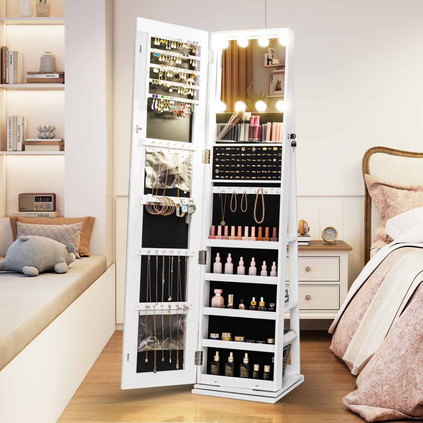 360° Swivel Jewelry Cabinet Freestanding Jewelry Storage Organizer with Lighted Full Length Mirror-White