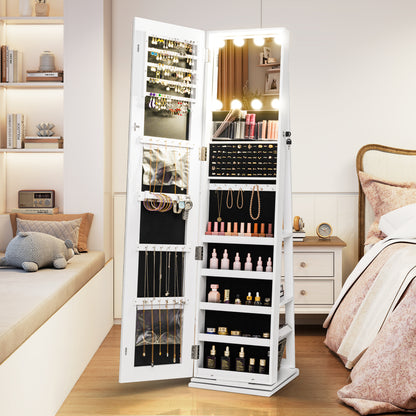 360° Swivel Jewelry Cabinet Freestanding Jewelry Storage Organizer with Lighted Full Length Mirror-White