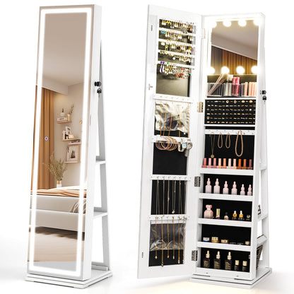 360° Swivel Jewelry Cabinet Freestanding Jewelry Storage Organizer with Lighted Full Length Mirror-White
