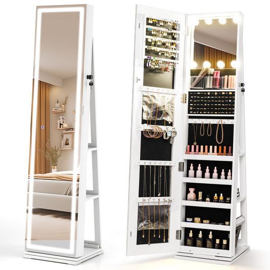 360° Swivel Jewelry Cabinet Freestanding Jewelry Storage Organizer with Lighted Full Length Mirror-White