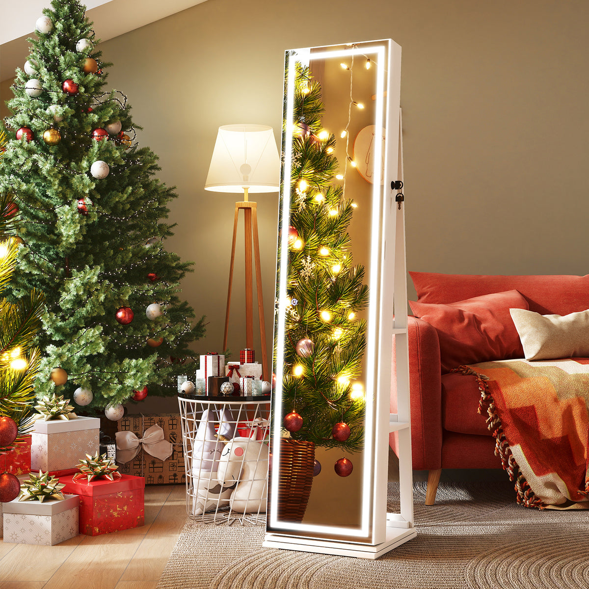 360° Swivel Jewelry Cabinet Freestanding Jewelry Storage Organizer with Lighted Full Length Mirror-White