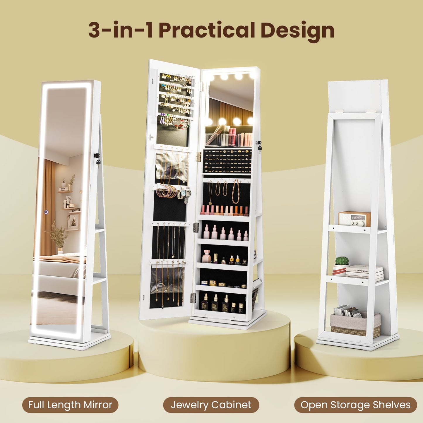 360° Swivel Jewelry Cabinet Freestanding Jewelry Storage Organizer with Lighted Full Length Mirror-White