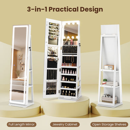 360° Swivel Jewelry Cabinet Freestanding Jewelry Storage Organizer with Lighted Full Length Mirror-White
