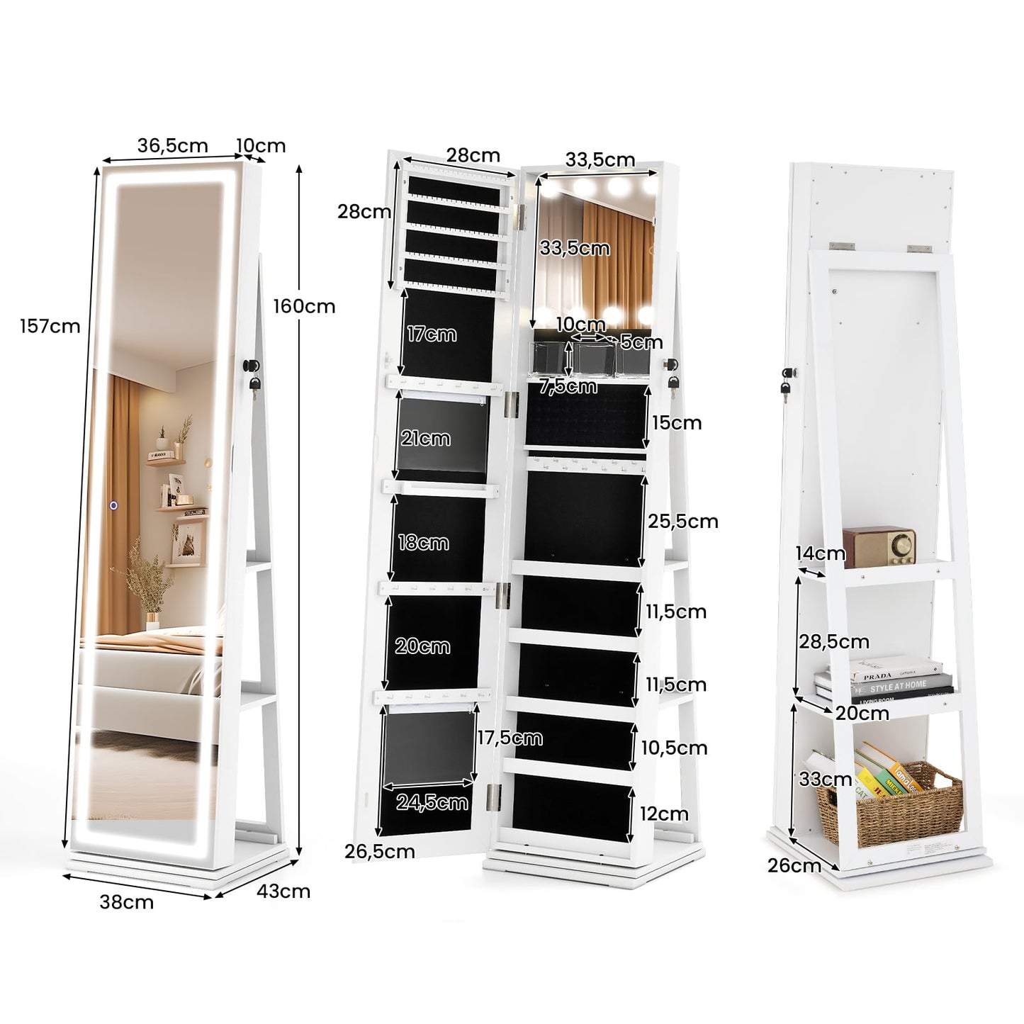 360° Swivel Jewelry Cabinet Freestanding Jewelry Storage Organizer with Lighted Full Length Mirror-White