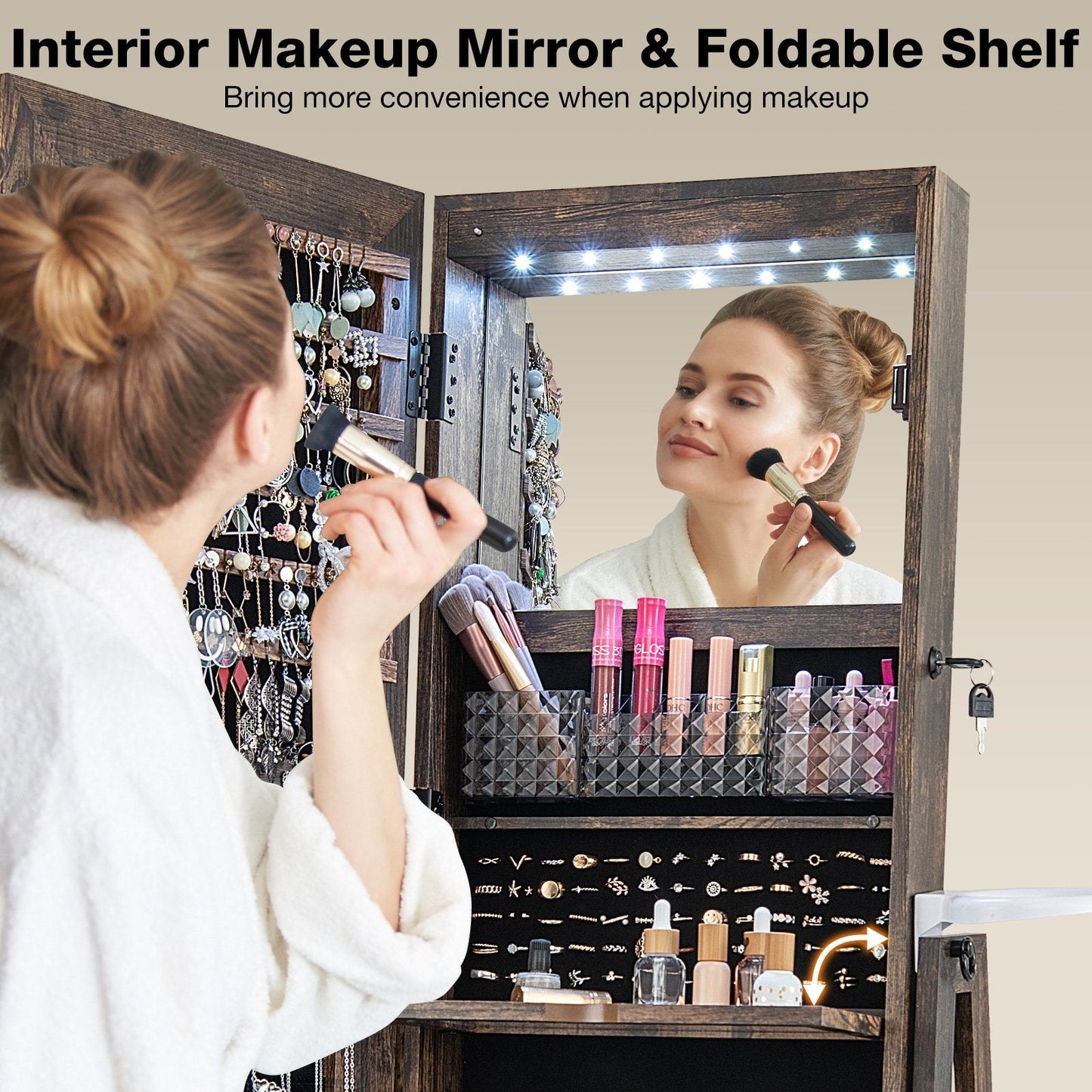 360° Swivel Lockable Jewelry Armoire Cabinet with Full-Length Mirror-Rustic Brown