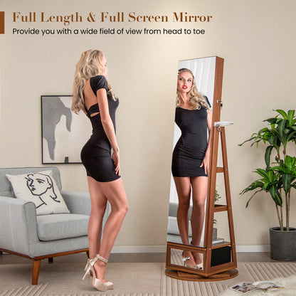 360° Swivel Lockable Jewelry Armoire Cabinet with Full-Length Mirror-Walnut