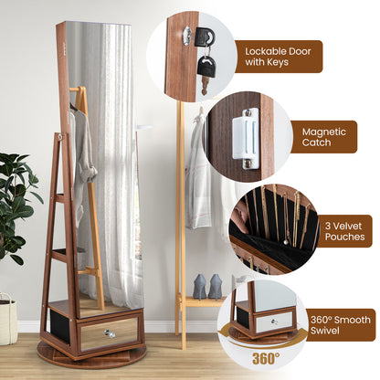 360° Swivel Lockable Jewelry Armoire Cabinet with Full-Length Mirror-Walnut