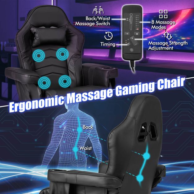 Electric Massage Gaming Chair with Cup Holder and Side Pouch-Black