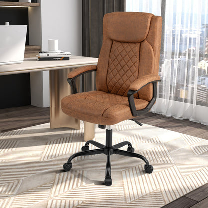 Swivel Office Chair with Padded Armrests and Rolling Metal Base-Brown