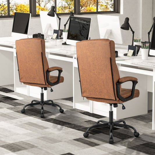 Swivel Office Chair with Padded Armrests and Rolling Metal Base-Brown