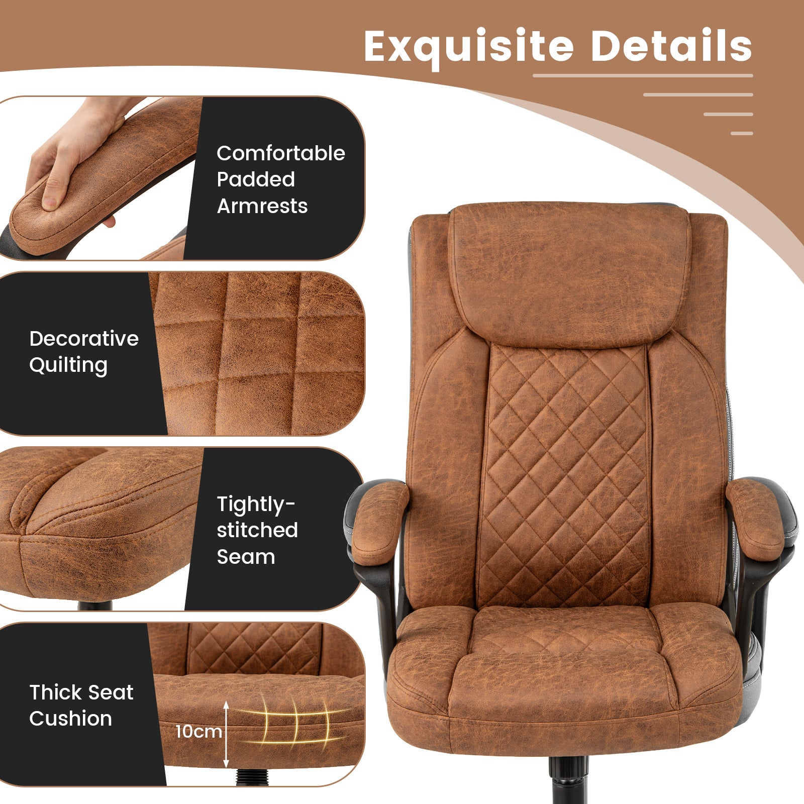 Swivel Office Chair with Padded Armrests and Rolling Metal Base-Brown