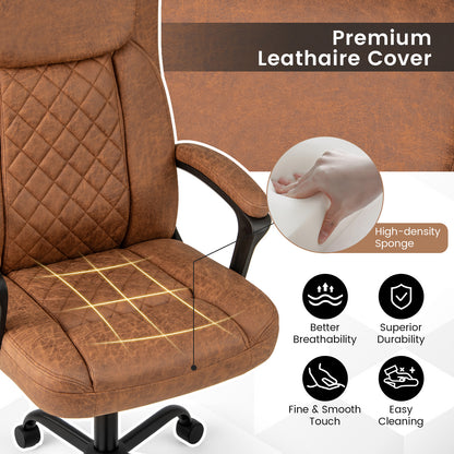 Swivel Office Chair with Padded Armrests and Rolling Metal Base-Brown