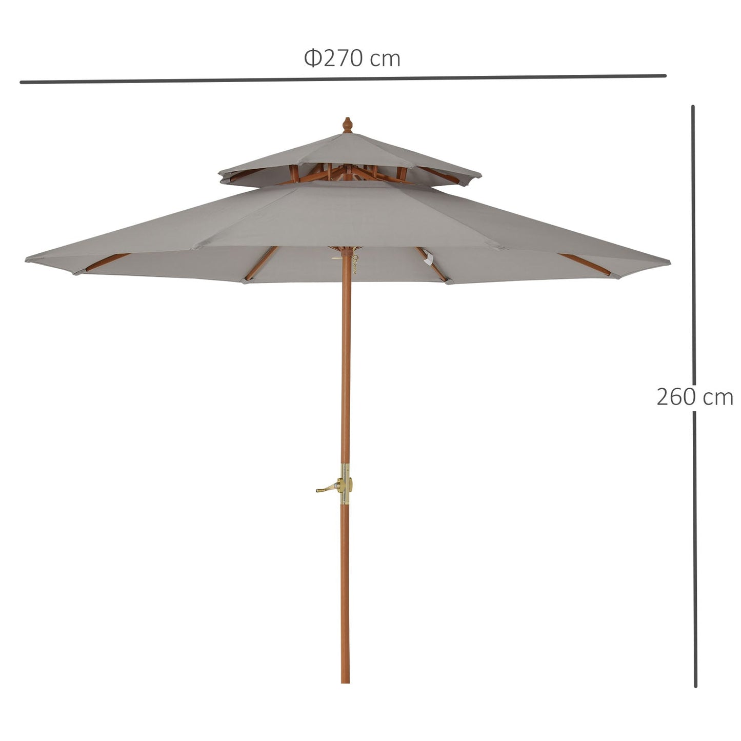 Outsunny 2.7 m Double Tier Outdoor Patio Garden Sun Umbrella Sunshade Wooden Parasol Grey Shade Canopy