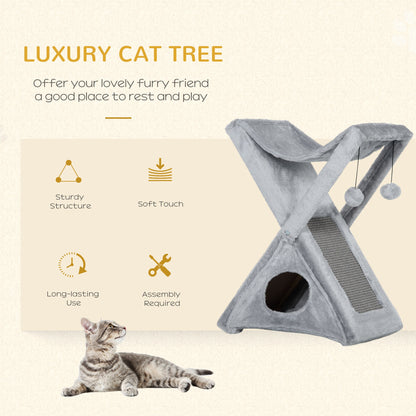 PawHut Two Tier Cat Tree for Indoor Cats Play Rest Activity Tower Plush Folding Relax Center w/ Scratching Post Hammock Pom Poms Grey