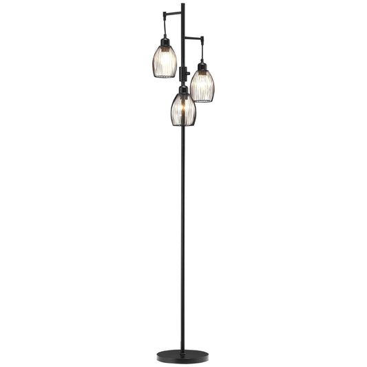 HOMCOM 3-Light Floor Lamp, 170cm Industrial Dimmable Standing Lamp with Steel Wire Cage Lampshades for Living Room, Bedroom, Dining Room, Study, Black