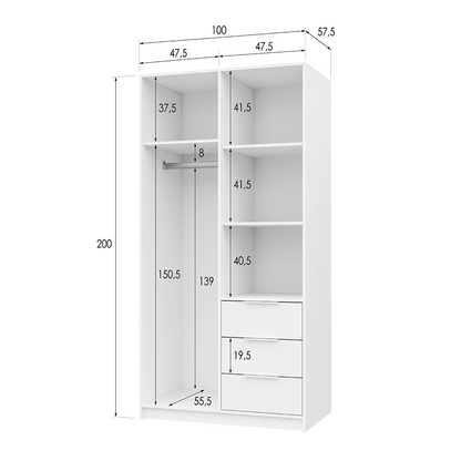 White Mirrored Hinged Door Wardrobe 100cm – HAMPTON LUX D2