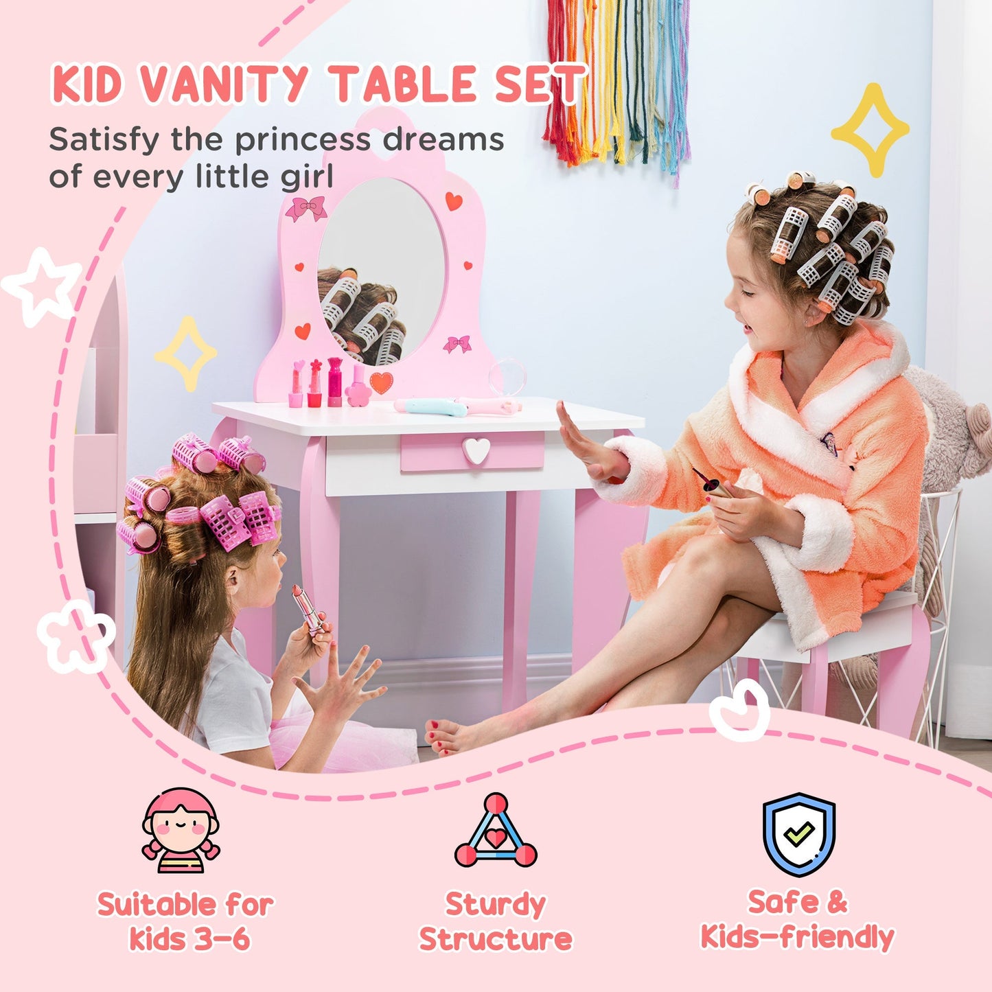 ZONEKIZ 4PCs Kids Bedroom Furniture Set with Bed, Toy Box Bench, Dressing Table and Stool, Princess Themed, for 3-6 Years Old, Pink