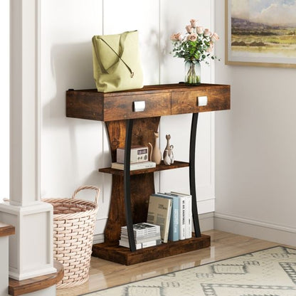Console Table for Small Spaces with 2 Drawers 2-Tier Shelf, T-Shaped Entryway Table for Study Brown