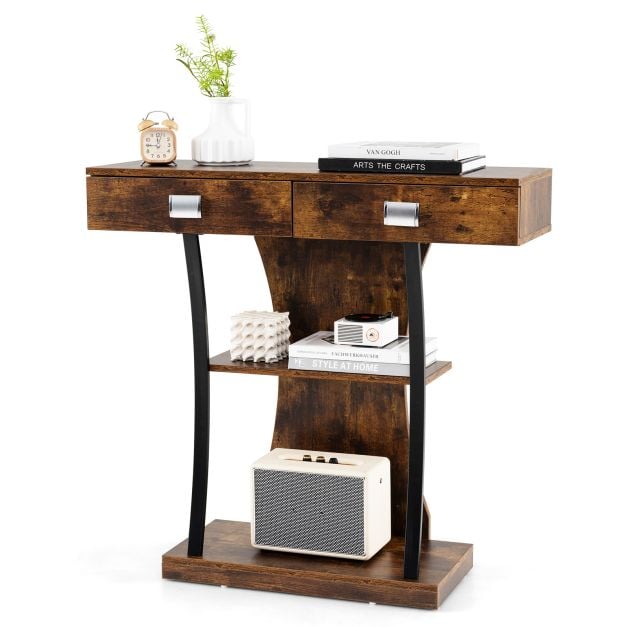 Console Table for Small Spaces with 2 Drawers 2-Tier Shelf, T-Shaped Entryway Table for Study Brown