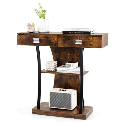 Console Table for Small Spaces with 2 Drawers 2-Tier Shelf, T-Shaped Entryway Table for Study Brown