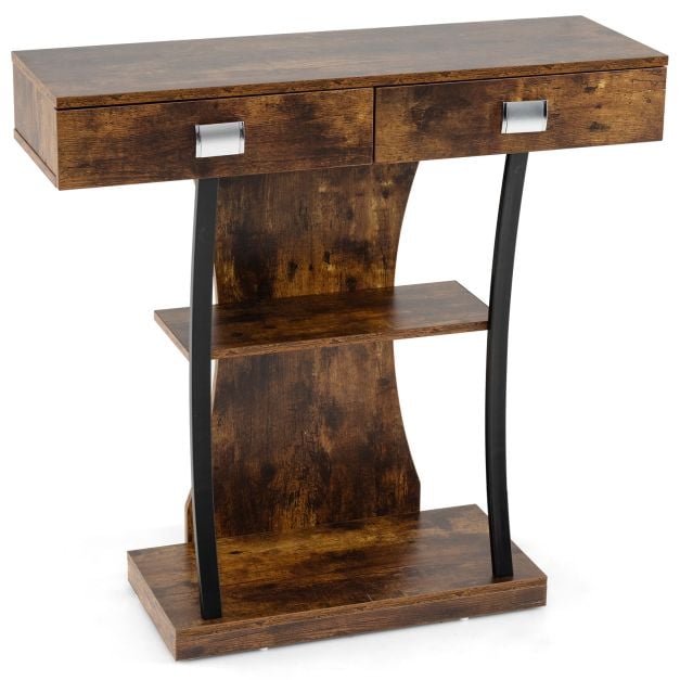 Console Table for Small Spaces with 2 Drawers 2-Tier Shelf, T-Shaped Entryway Table for Study Brown
