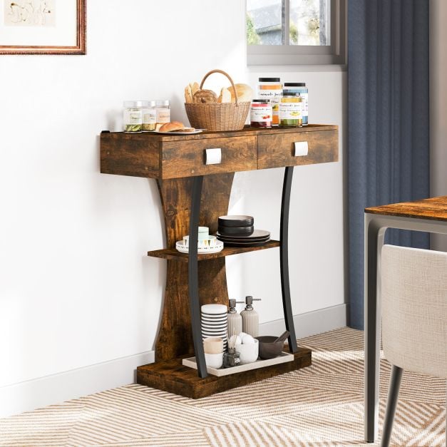 Console Table for Small Spaces with 2 Drawers 2-Tier Shelf, T-Shaped Entryway Table for Study Brown