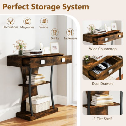 Console Table for Small Spaces with 2 Drawers 2-Tier Shelf, T-Shaped Entryway Table for Study Brown