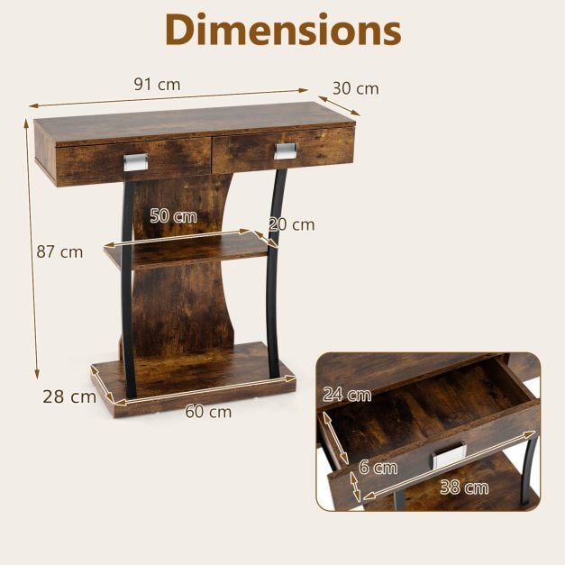 Console Table for Small Spaces with 2 Drawers 2-Tier Shelf, T-Shaped Entryway Table for Study Brown